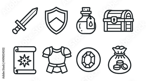 Line style icons of in-game items: sword icon, shield badge, potion tag, treasure chest file, magic spell board, armor chart, collectible item bubble, game loot symbol.