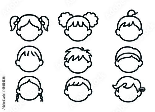 Line style icons of children’s hairstyles: pigtails with bows, curly puff buns, baby fringe, top knot for toddlers, mini braids, playful messy hair, soft headband, cartoon clip-in hair.