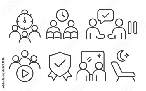 Line style icons of group productivity rituals: team focus timer icon, shared quiet hour symbol, peer check-in bubble, coworking alert pause, group start button, accountability focus badge, reflect