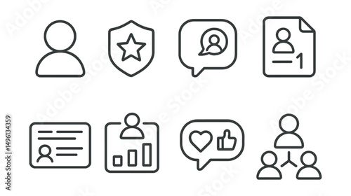 Line style icons of streamers’ audience: viewer icon, subscriber badge, chat interaction tag, follower count file, live chat board, audience participation chart, live reactions bubble, streaming