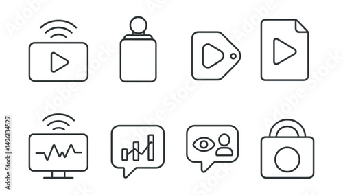 Line style icons of live broadcasts: live stream icon, on-air badge, broadcast tag, live feed file, real-time stream board, live chat chart, viewer count bubble, live event symbol.