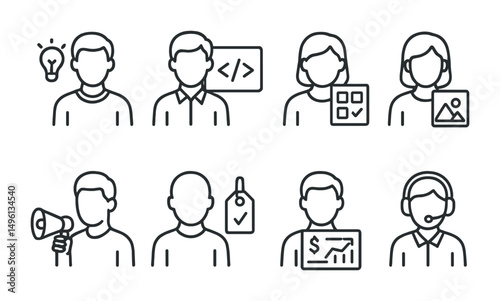 Line style icons of startup team roles: founder icon, CTO with code, product manager board, designer sketchpad, marketing lead megaphone, operations plan tag, finance dashboard, support lead icon.