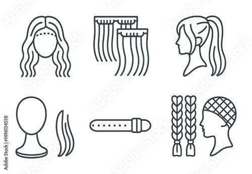 Line style icons of wig and extension options: lace front wig, clip-in extensions, ponytail add-on, color streak insert, full wig stand, adjustable strap icon, extension braid pack, wig cap net.