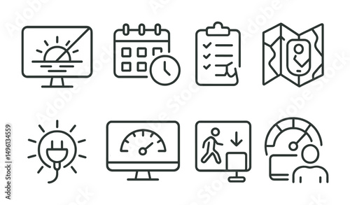 Line style icons of screen-life balance tools: sunset screen-off icon, offline hour planner, rest-first schedule, digital boundaries map, weekend unplug badge, calm screen meter, activity over