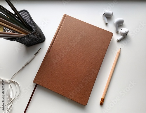 top view of a blank book with a brown cover alongside earphones and a wooden pencil in a holder all placed on a white desk background