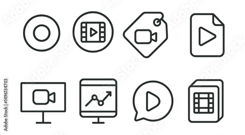 Line style icons of stream recording: record button icon, video archive badge, recording session tag, saved stream file, recorded content board, post-stream chart, replay bubble, stream archive