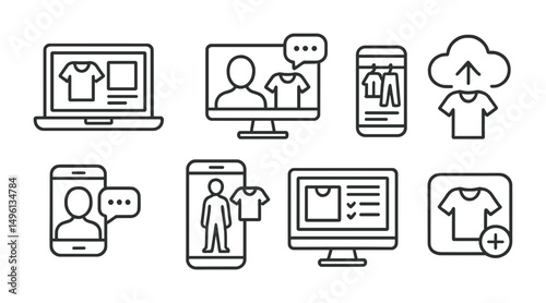 Line style icons of virtual styling services: online lookbook, video call + outfit match, digital closet viewer, upload your outfit icon, e-consultation icon, virtual try-on icon, screen + style plan