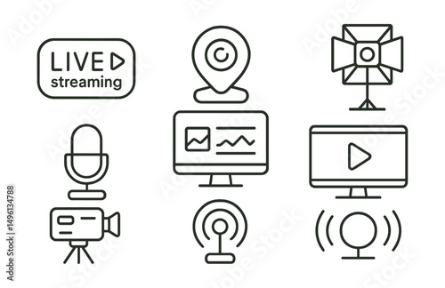 Line style icons of streaming setup: streaming icon, webcam badge, microphone tag, lighting equipment file, computer screen board, streaming software chart, camera setup bubble, broadcasting symbol.