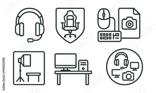 Line style icons of streamer gear: headset icon, gaming chair badge, mouse and keyboard tag, camera file, lighting setup board, gaming desk chart, equipment bubble, streaming gear symbol.