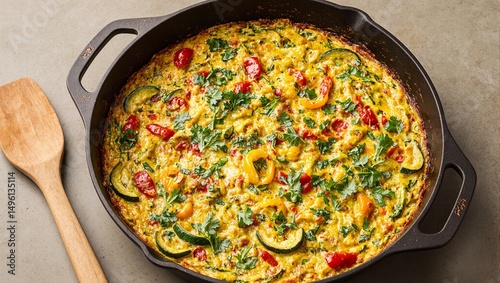 Wallpaper Mural Delicious vegetable frittata with colorful bell peppers and zucchini garnished with fresh herbs in a rustic skillet setting Torontodigital.ca