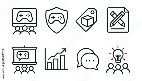 Line style icons of mod community: modding community icon, fan mods badge, mod sharing tag, community creation file, mod discussions board, fan-made chart, collaboration bubble, community creation