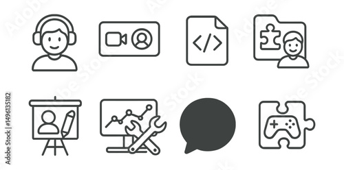 Line style icons of mod creators: modder icon, content creator badge, mod developer tag, community modder file, creator profile board, creator tools chart, modding community bubble, game mod symbol.