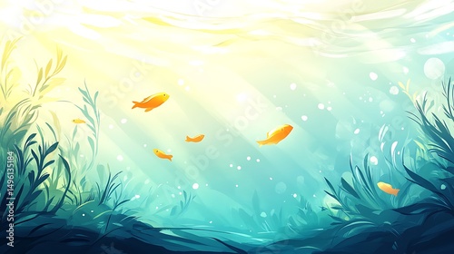 Sunlit Underwater Scene with Fish, and Plants.