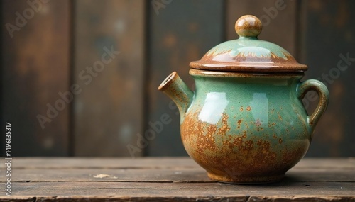 A whimsical ceramic pot with a comically oversized, lopsided lid, playfully perched on a rustic wooden surface Perfect for quirky home decor or humorous gardening themes , adorable, humorous