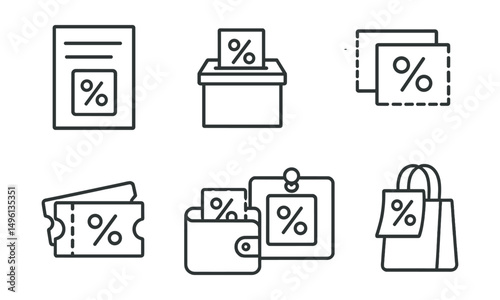 Line style icons of printed and physical coupons: paper voucher sheet, store counter coupon box, clipped-out label icon, receipt + coupon match, tearable ticket with percent, wallet with saved coupon