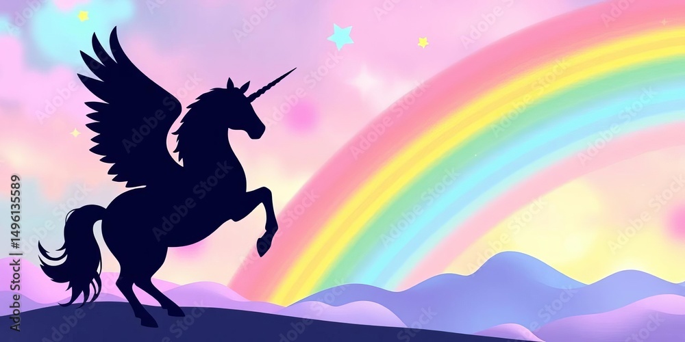 Fototapeta premium Pastel rainbow backdrop, winged unicorn silhouette, stars, magical landscape, abstract cute candy pattern, magical, background