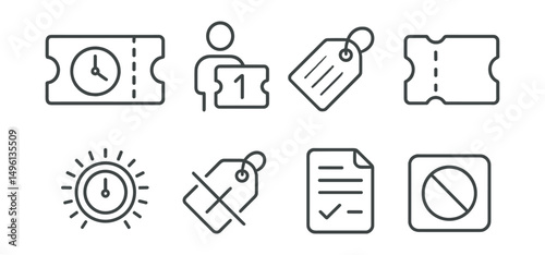 Line style icons of coupon expiration and limits: countdown clock on voucher, “1 per person” icon, “while supplies last” tag, faded coupon sketch, limited time badge, crossed-out expired tag, terms