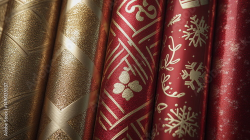 Decorative wrapping paper rolls in gold and red for festive occasions  