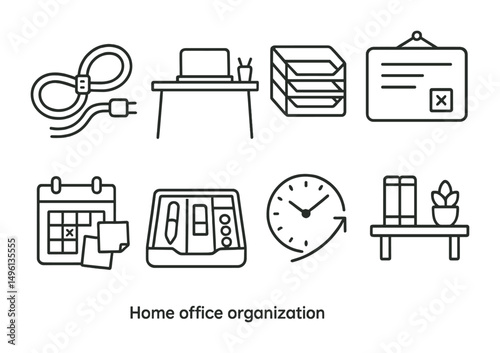 Line style icons of home office organization: cable management icon, minimal desk space, file tray symbol, whiteboard on wall, calendar + sticky notes, drawer organizer, productivity clock, office