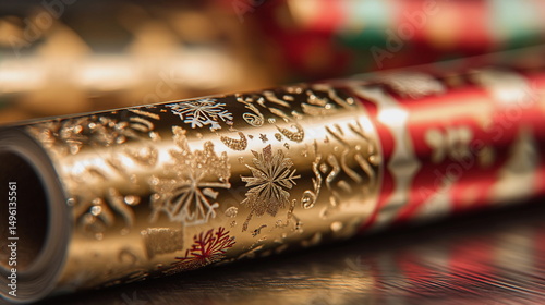 Decorative Christmas wrapping paper rolls with festive designs  