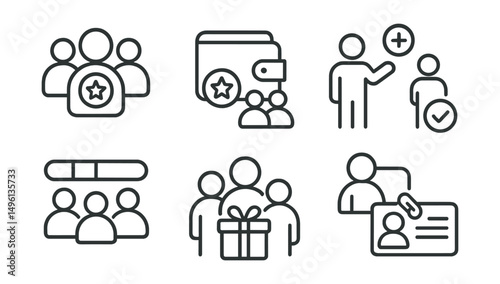 Line style icons of group and family loyalty: family account badge, shared reward wallet, gift-a-point icon, household tracker sketch, team-based loyalty progress, family reward combo, child + parent