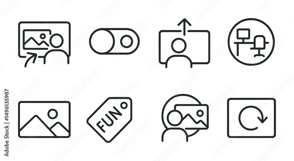 Line style icons of virtual backgrounds: change background icon, blur effect toggle, upload image screen, office setting badge, landscape backdrop icon, fun filter tag, replace background tool, reset