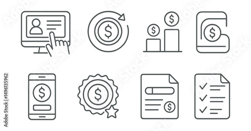 Line style icons of cashback programs: register for cashback, earn-back tracker icon, tiered cashback plan, cashback level badge, progress bar to cashback, redeem cashback screen, cashback statement,