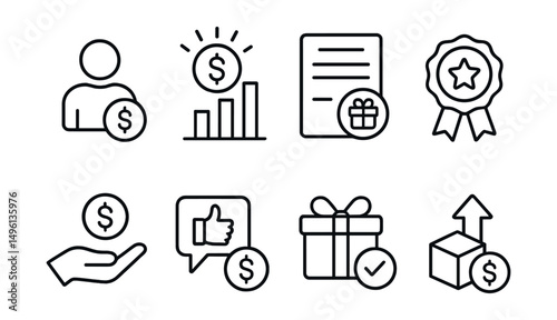 Line style icons of business bonuses: client acquisition bonus, monthly sales reward, bonus invoice slip, partner incentive badge, retention bonus hand, feedback-based reward icon, account milestone