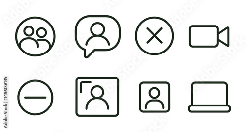 Line style icons of virtual presence: “in a meeting” status badge, focus bubble icon, busy tag, camera active symbol, quiet presence indicator, speaker view highlight, participant thumbnail icon, “on