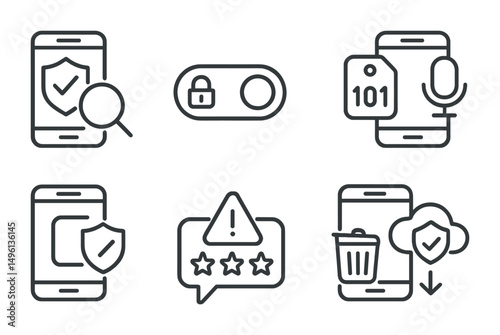 Line style icons of secure app use: app permissions audit icon, limit app tracking toggle, app with data tag, flashlight vs microphone warning, storage access alert, “read reviews” icon, uninstall