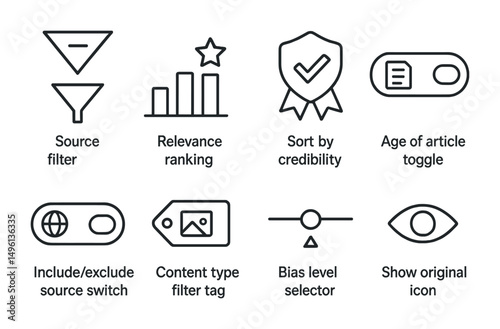 Line style icons of content sorting and filtering: source filter dropdown, relevance ranking icon, sort by credibility badge, age of article toggle, include/exclude source switch, content type filter