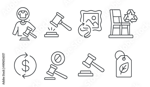 Line style icons of eco and reuse auctions: upcycled item auction, vintage auction hammer, secondhand art symbol, sustainable furniture lot, reuse + resale icon, zero waste gavel, antique + green tag