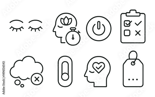 Line style icons of mental resets: close your eyes icon, inner calm + timer, “log out for now” badge, let go checklist, cloud of thoughts + clear symbol, gentle self-reset switch, check in + relax