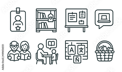 Line style icons of community library services: volunteer badge icon, donation shelf tag, community events board, help with tech bubble, seniors book club, reading tutor desk, language learning wall,