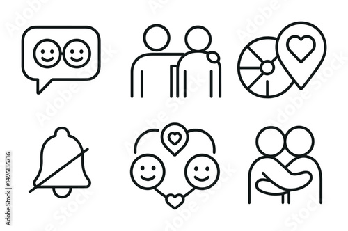 Line style icons of support-focused apps: peer support message, check-in with friend icon, “I’m here” button, daily emotional radar, quiet reply badge, friend mood tracker, connect through care icon,