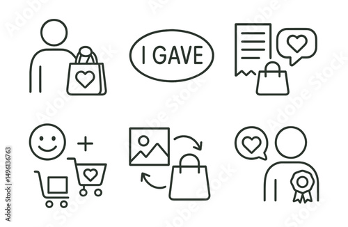 Line style icons of buyer engagement: customer with charity bag, “I gave” sticker icon, smile + item icon, happy face with donation cart, receipt + thank you note, story + purchase combo, buyer
