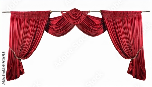 vintage red curtains hanging on a rod isolated on transparent cutout background
