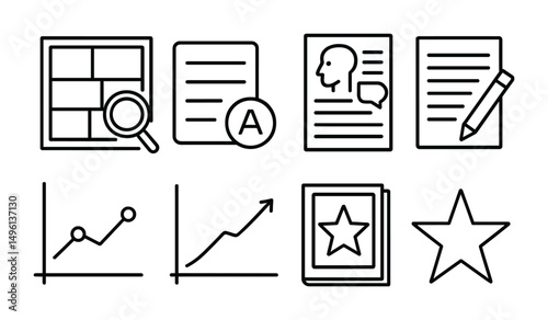 Line style icons of comic review and critique: panel-by-panel breakdown, pacing score card, art style comment sheet, writing feedback form, tone balance graph, reader engagement line, cover appeal