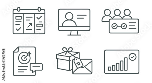Line style icons of campaign management: schedule board with updates, creator dashboard screen, task timeline, team + content board, outreach plan document, reward logistics tracker, reply inbox icon