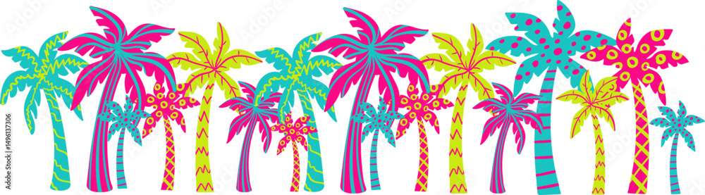 Fototapeta premium neon tropical palm tree vector elements in bold clashing colors – funky jungle exotic beach paradise art for summer party decoration, travel and surf design