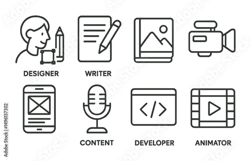 Line style icons of creative freelancer roles: freelance designer icon, freelance writer badge, illustrator portfolio symbol, videographer camera, UI/UX wireframe screen, content creator mic,
