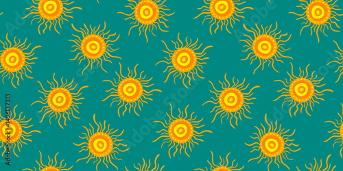 groovy emerald sun pattern wallpaper vibrant summer aesthetic, bohemian folk art, abstract desert vibe, hand-drawn texture, bright warm seamless background