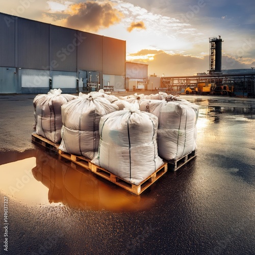 Bags of materials stacked on a pallet at a warehouse during sunset with reflections on wet ground. Generative AI