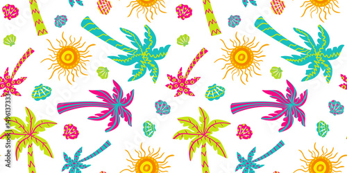 tropical paradise seamless pattern - vibrant summer beach vibe, hand-drawn palm trees, suns, shells, holiday repeat background, bright joyful print