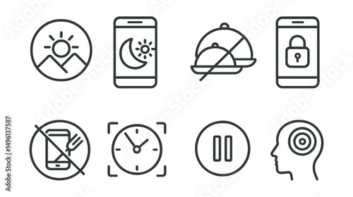 Line style icons of routine simplification: app-less morning badge, sleep screen dimmer, lunch without alerts icon, evening lock screen auto, phone-free mealtime icon, one-hour quiet block,