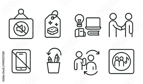 Line style icons of coworking etiquette: quiet zone sign, clean up after use tag, share resources badge, greet with respect icon, phone in booth symbol, return supplies sticker, take turns policy,