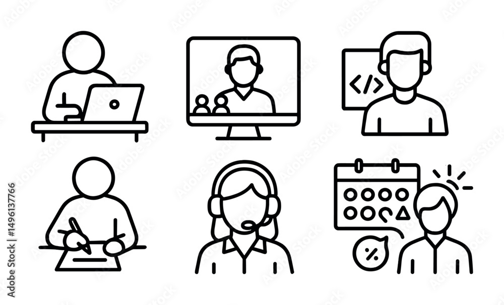 Line style icons of remote worker personas: solo freelancer desk, team lead on video call, remote developer screen, content writer icon, virtual assistant headset, product manager calendar, marketing Line style icons of remote worker personas: solo freelancer desk, team lead on video call, remote developer screen, content writer icon, virtual assistant headset, product manager calendar, marketing
