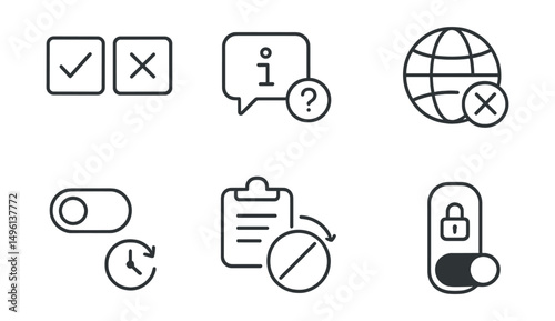 Line style icons of consent done right: allow and deny same size, tooltip + explanation icon, “do not track” badge, revoke access switch, timed permission icon, permission audit trail, cancel anytime