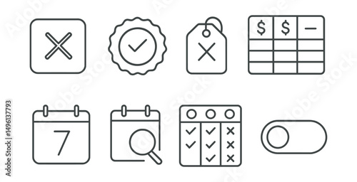 Line style icons of subscription clarity: unsubscribe button icon, cancel plan easily badge, no hidden auto-renew tag, transparent pricing table, trial period countdown icon, billing preview calendar