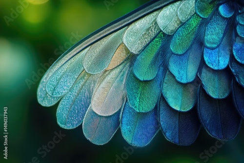 Close-up of iridescent bird feathers, showcasing vibrant teal and blue hues, intricate textures, and natural beauty.